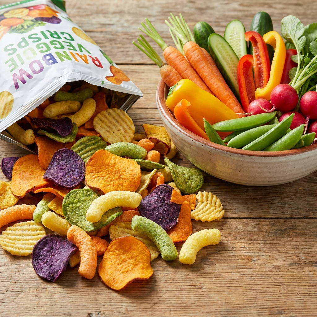 Bag of processed rainbow veggie crisps spilling next to a bowl of fresh raw vegetables like carrots and peppers