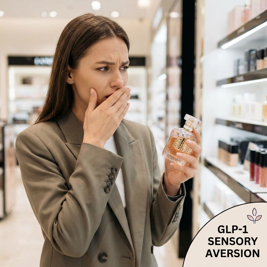 Woman holding a glass perfume bottle looking confused and displeased, featuring a graphic overlay about GLP-1 sensory aversion.
