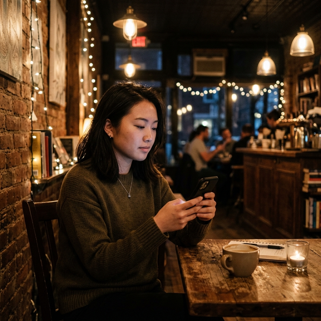 Young Asian woman sitting alone at a dimly lit coffee shop, looking down at her smartphone next to a cup of coffee.