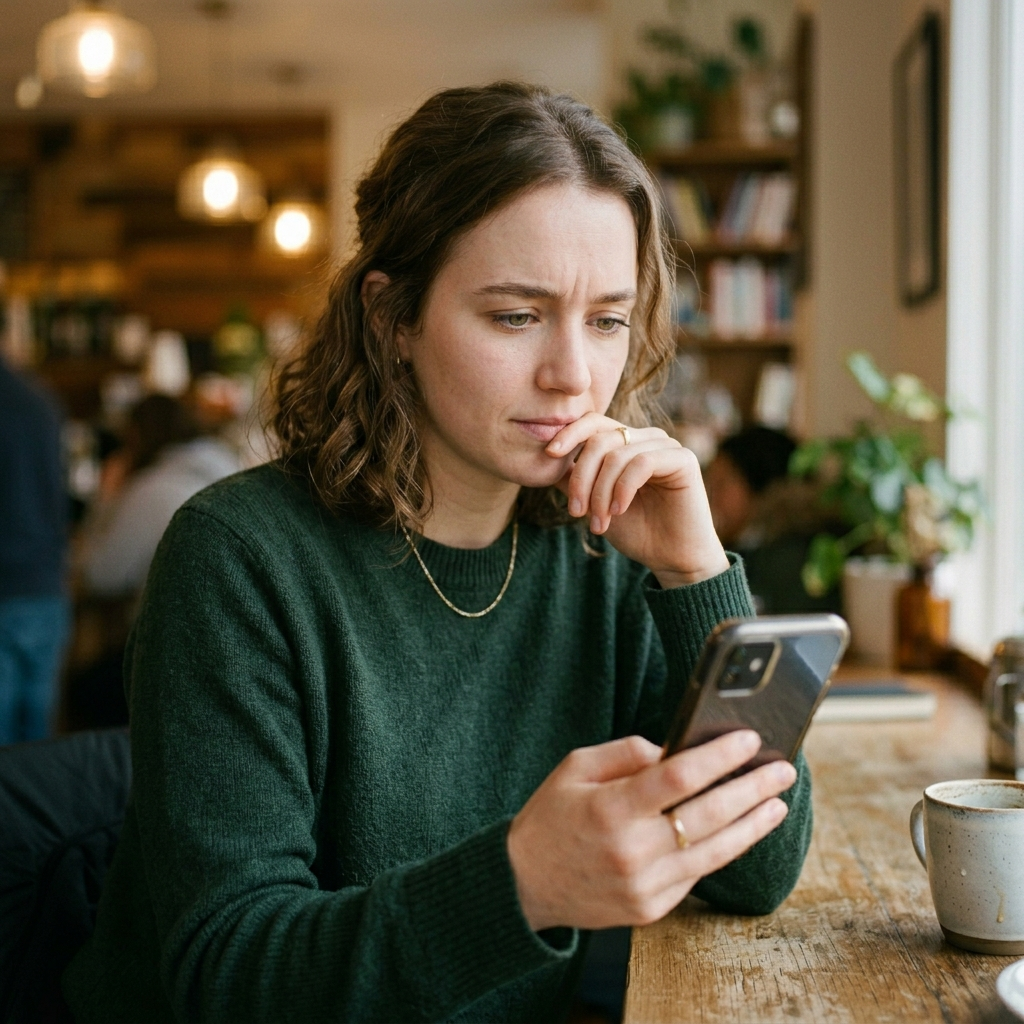 A close-up of a young woman looking thoughtfully at her smartphone screen, reflecting a mixture of relief and contemplation.