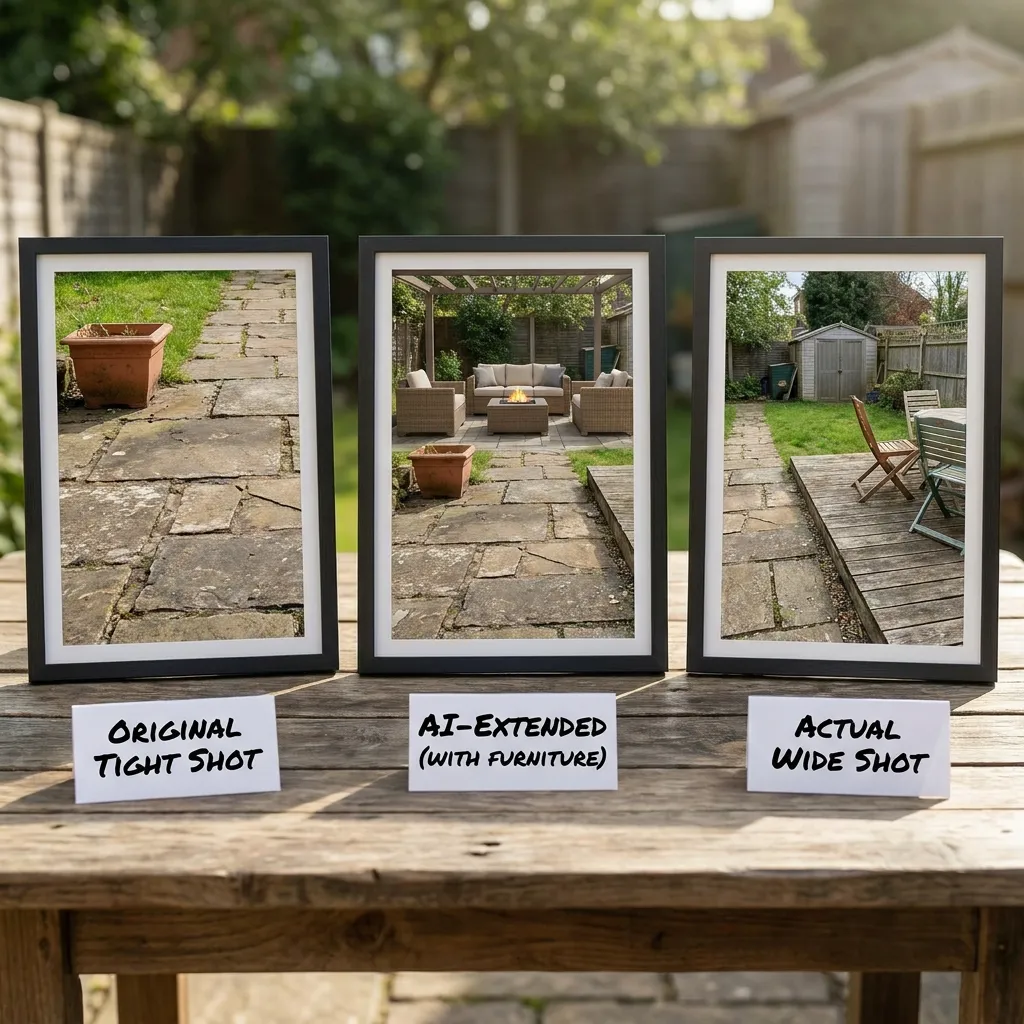 A comparison of three images showing a tight shot of a backyard, the AI-extended version with newly generated outdoor furniture, and the actual wide shot for comparison