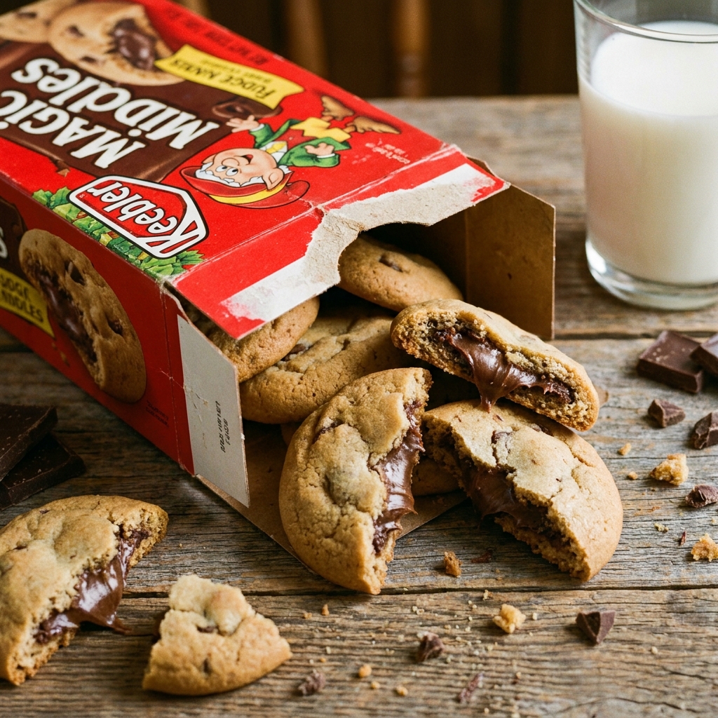 Keebler Magic Middles cookies with gooey fudge centers spilling from a vintage red box next to a glass of milk.