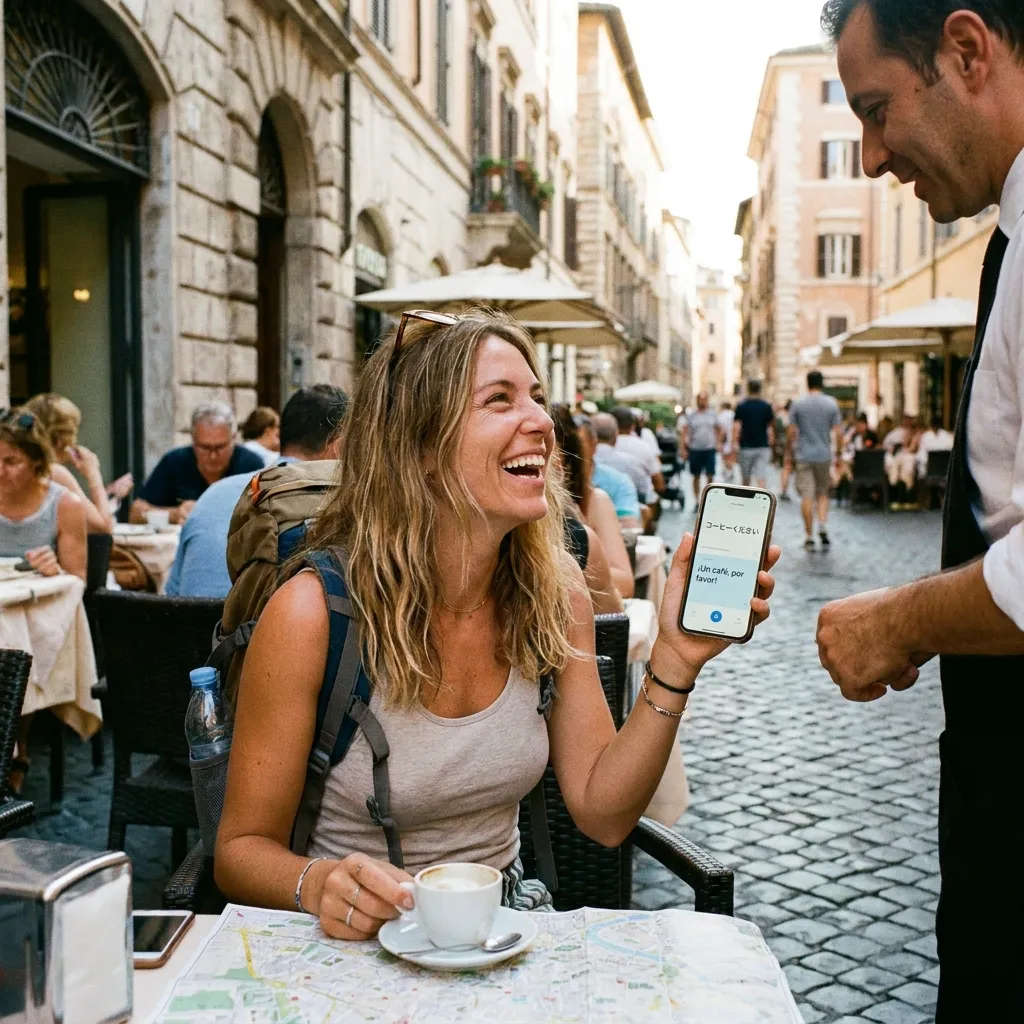 A smiling traveler using a translation app on their smartphone at a café.