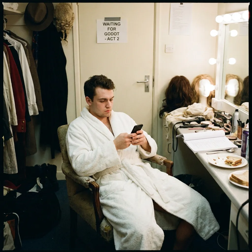 A bored actor wearing a fluffy white robe scrolling on a smartphone while waiting backstage in a dressing room