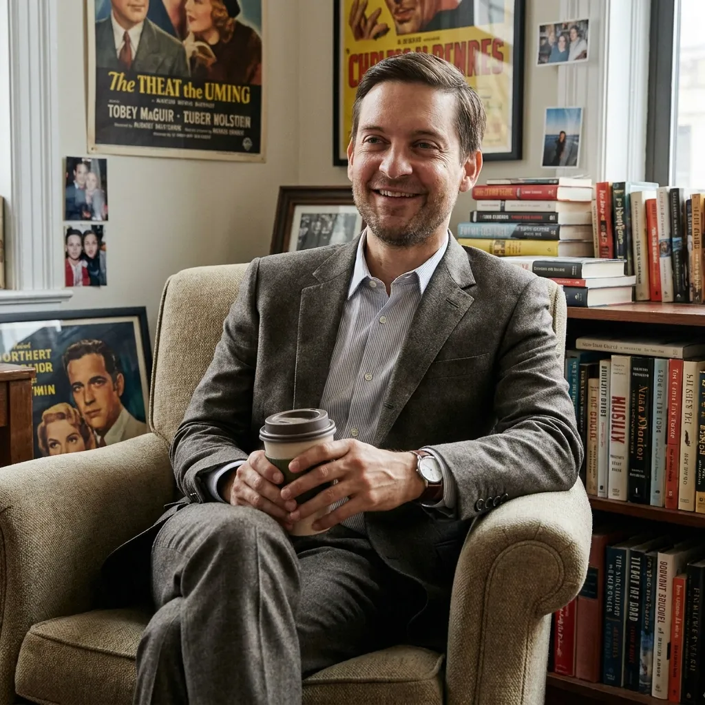 Tobey Maguire smiling warmly at a press event. Alt Text: Tobey Maguire, a wealthy but frugal actor who grew up poor, smiling in a tailored suit.
