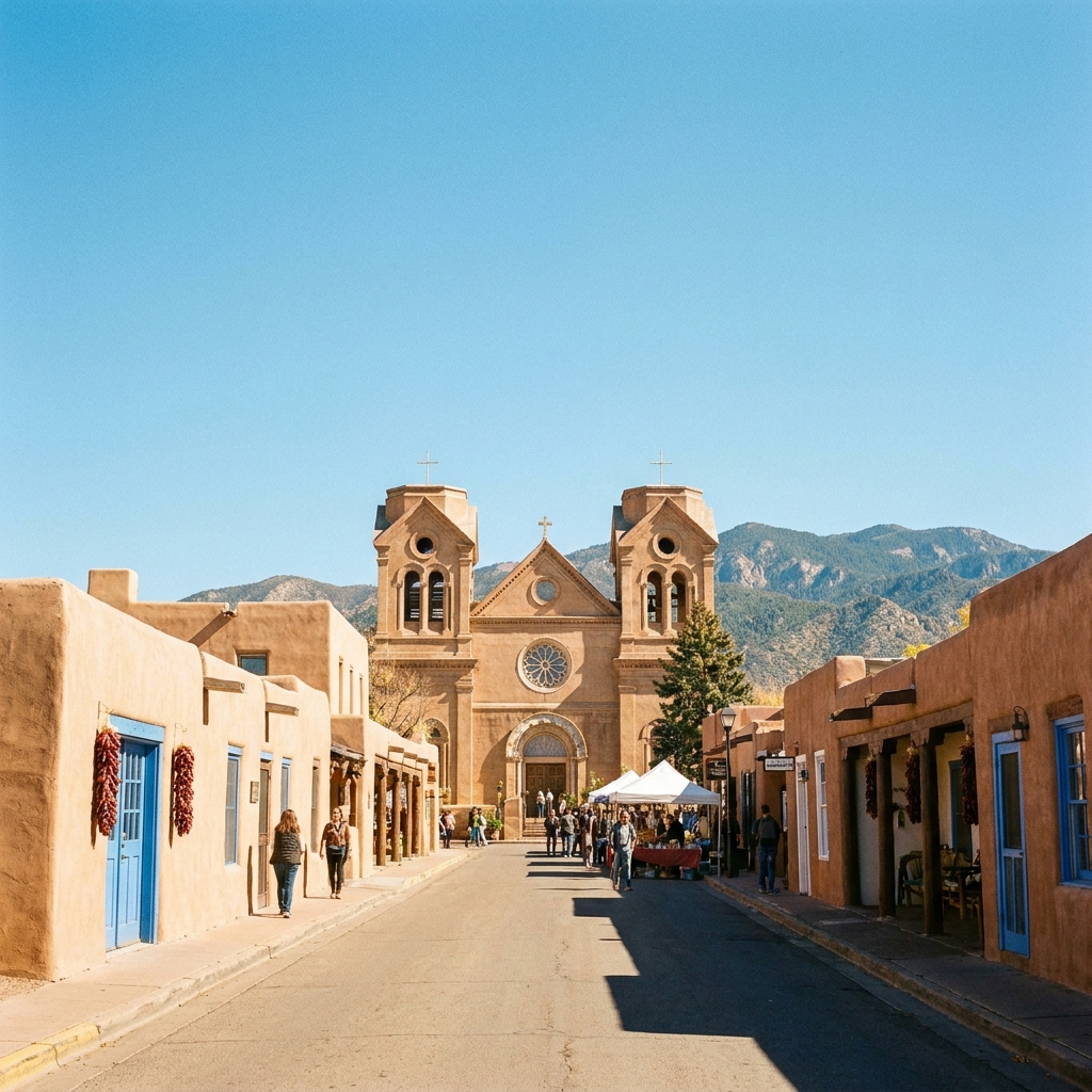 Charming adobe architecture and a historic church on a bright sunny day in Santa Fe New Mexico