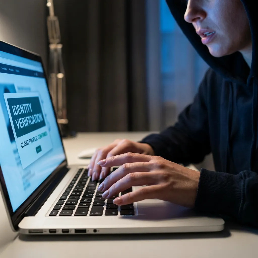 Close up of an adult entertainer typing on a laptop verifying client identity to reveal shocking sex worker secrets.