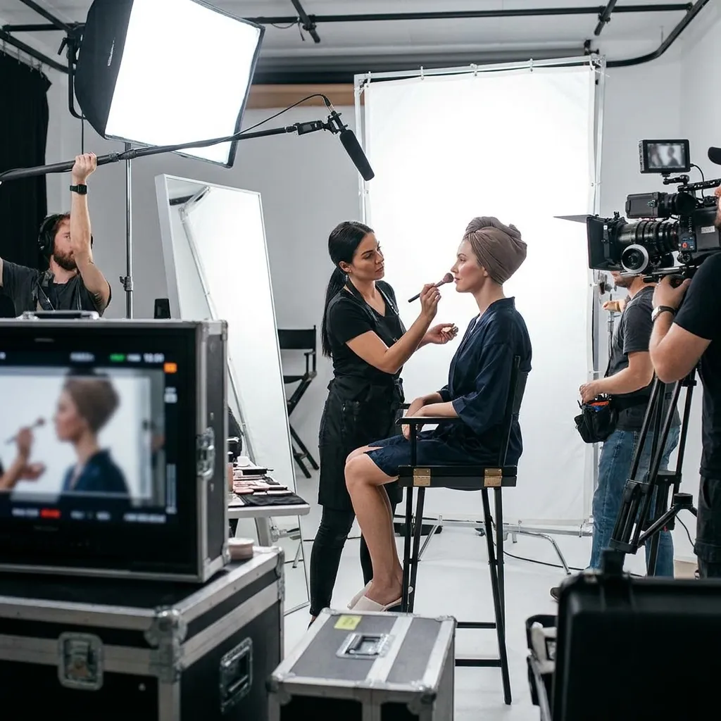 Adult entertainment industry worker sitting in a makeup chair getting ready for a professional studio film shoot