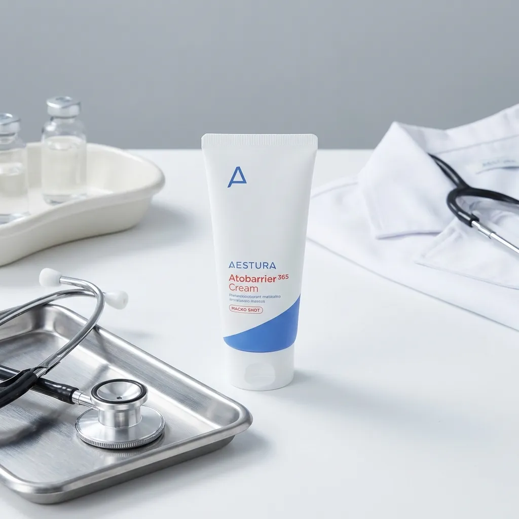A sleek product shot of the Aestura Atobarrier 365 Cream tube resting next to a stethoscope or in a clean, clinical setting to emphasize its dermatological roots.