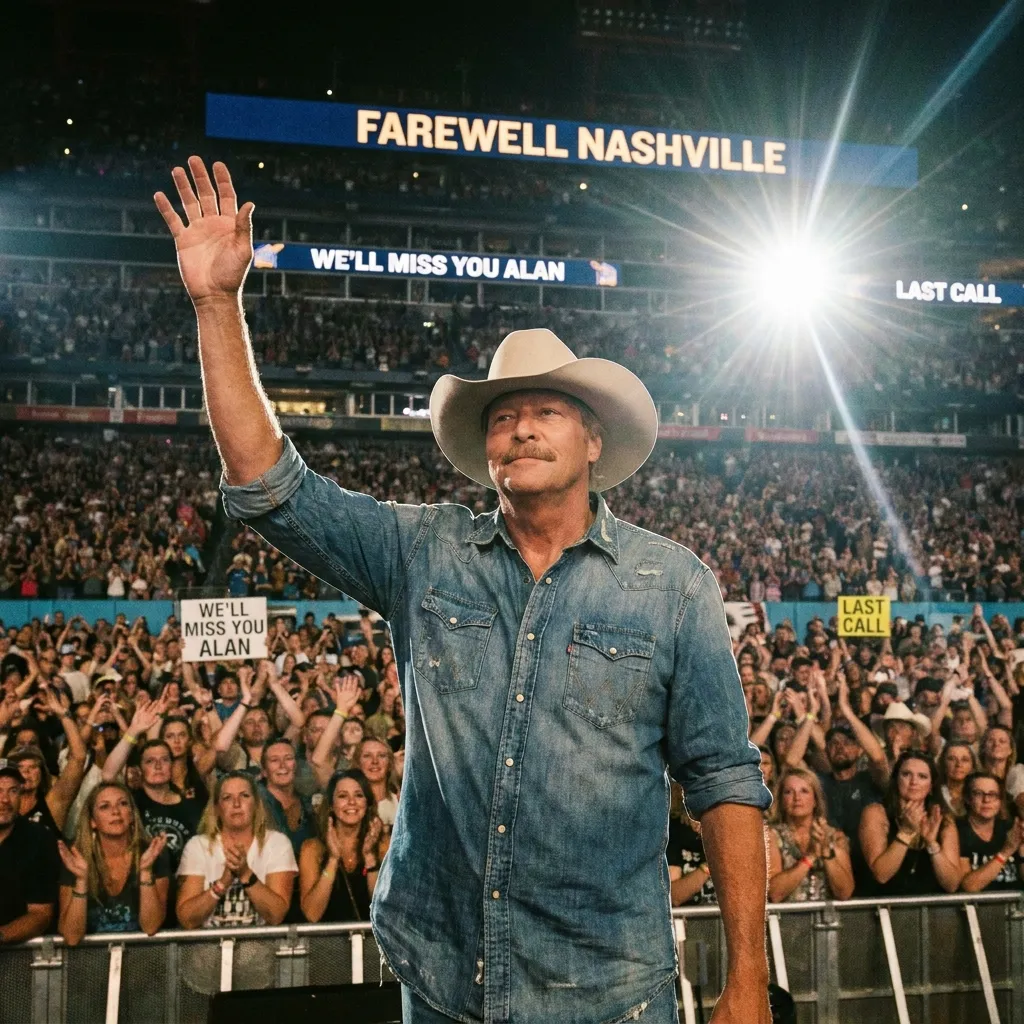 Alan Jackson waving to a massive crowd of cheering fans at a stadium concert under a Farewell Nashville sign during his final tour