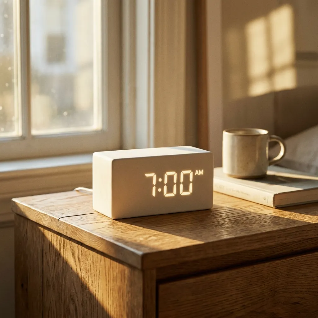 Modern white digital alarm clock displaying 7:00 AM on a wooden nightstand next to a coffee mug in the morning sunlight.