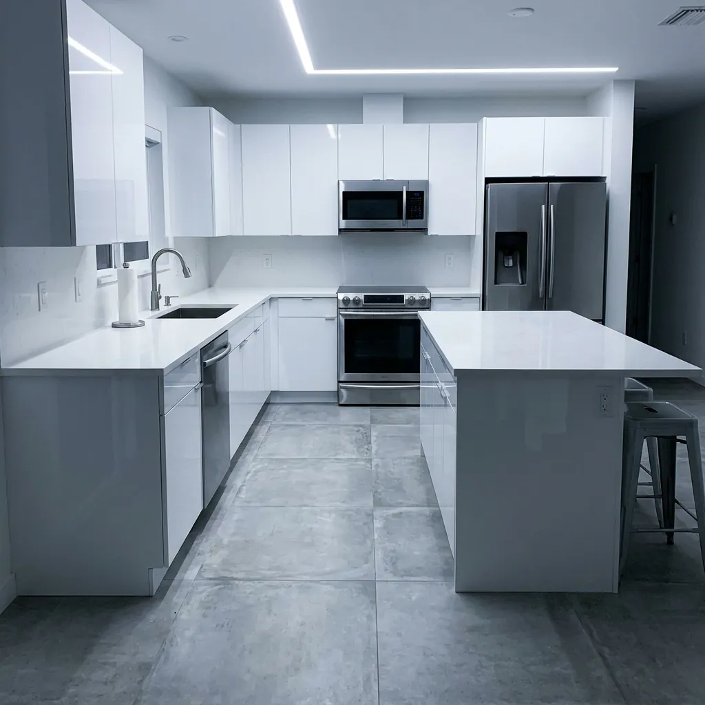 Modern minimalist all-white kitchen showcasing glossy flat-panel cabinets, stainless steel appliances, a white quartz island, and large-format gray tile flooring.