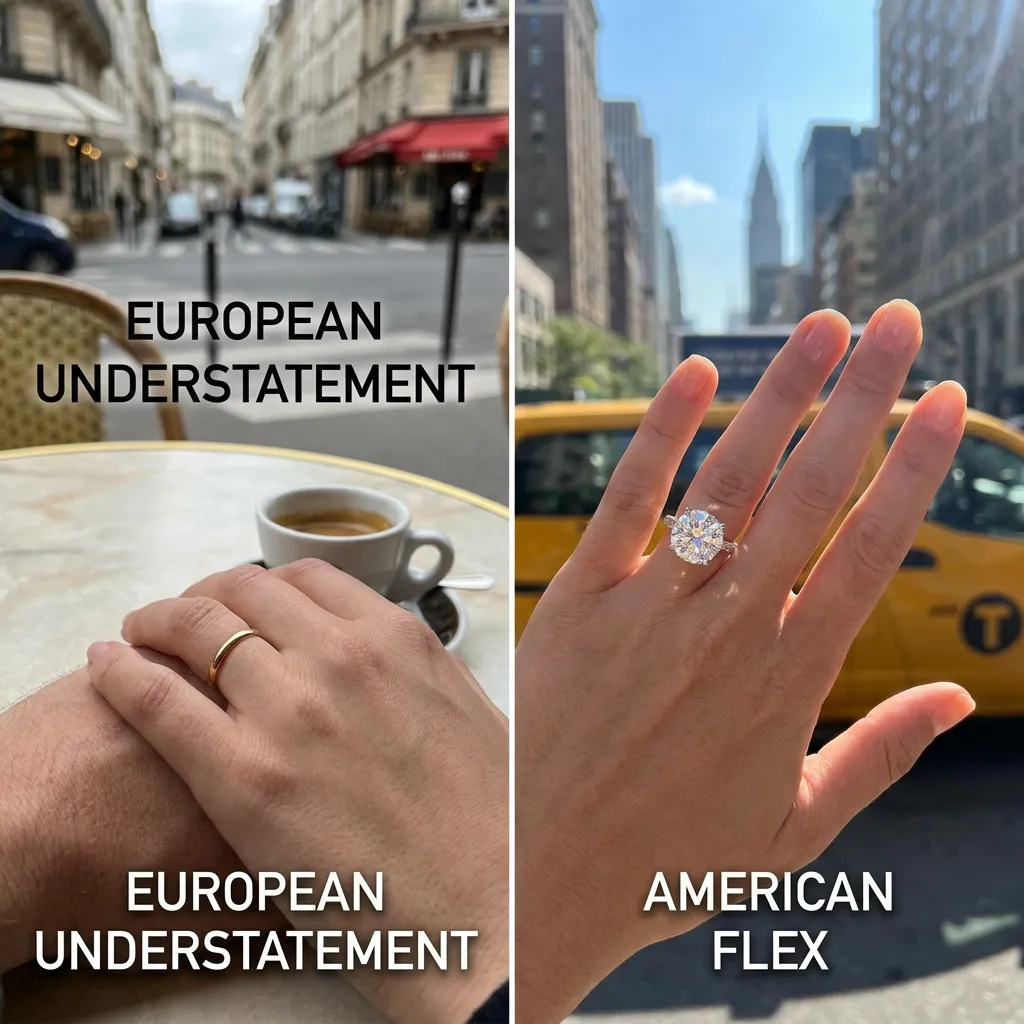 Side-by-side comparison image showing a simple gold wedding band labeled European Understatement next to a massive diamond engagement ring labeled American Flex against a New York City backdrop.