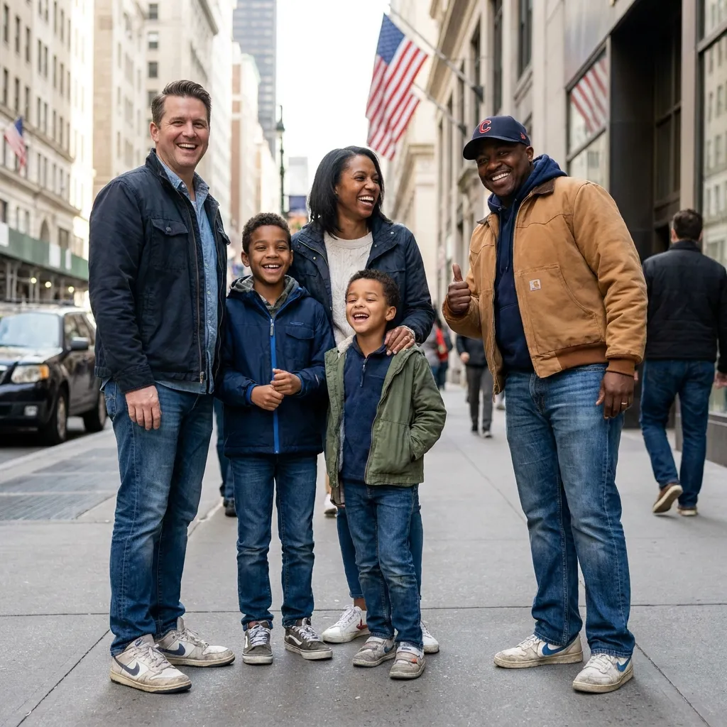 Diverse American family smiling on a bustling city street with an American flag in the background, showcasing an urban lifestyle.