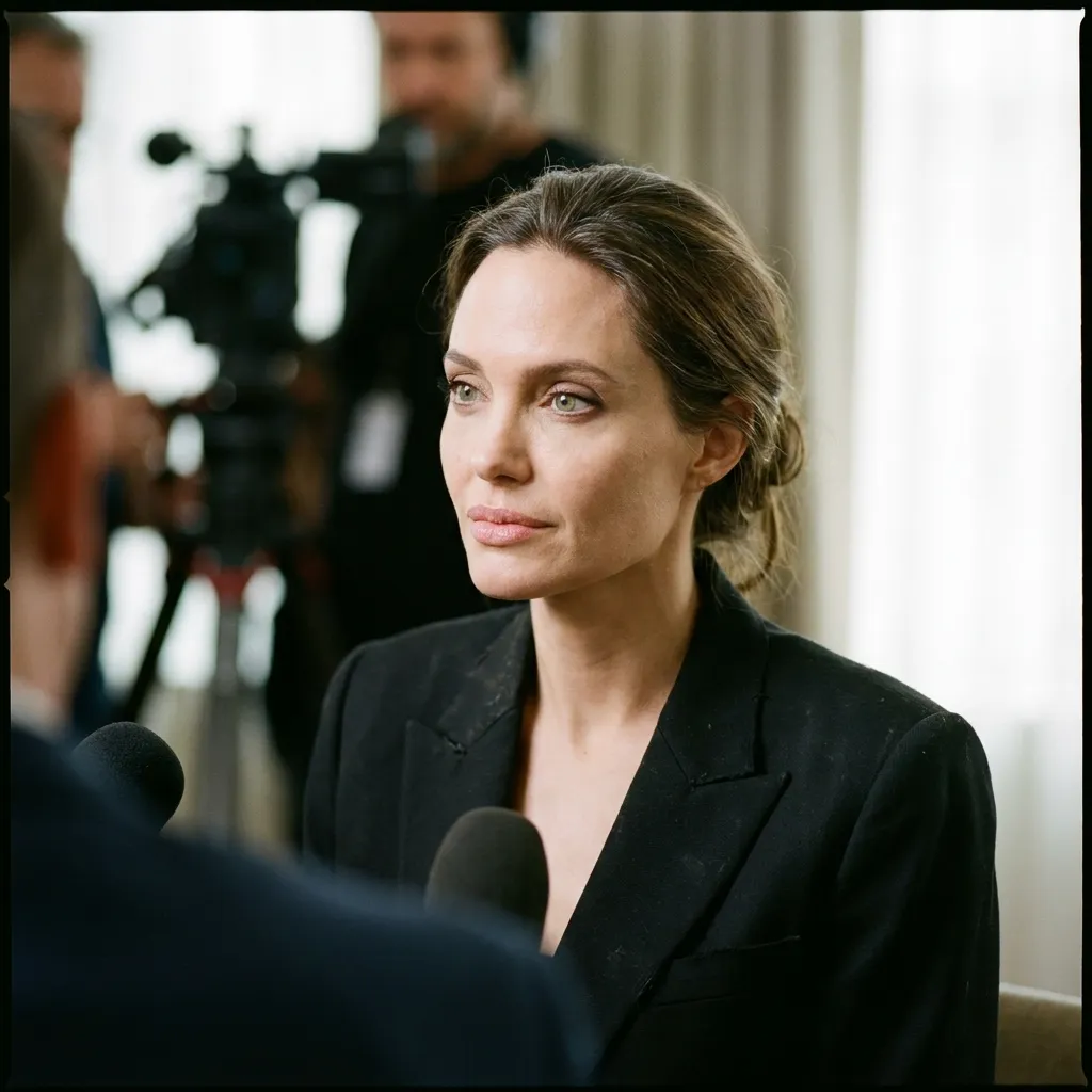 A thoughtful, candid close-up portrait of Angelina Jolie looking off-camera during an interview.