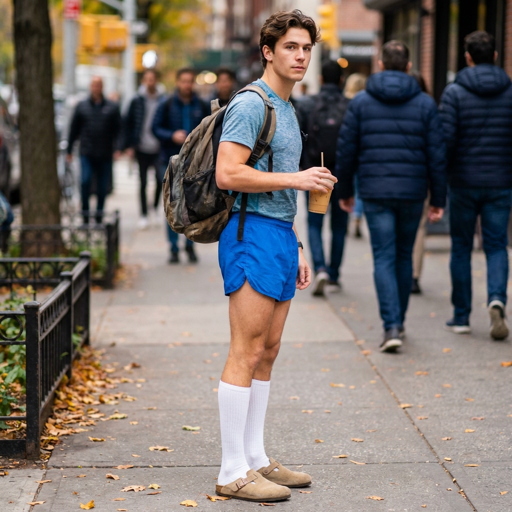 A young man on a city sidewalk wearing casual street style, featuring blue running shorts, a t-shirt, tall white tube socks, and brown suede clogs while holding an iced coffee.
