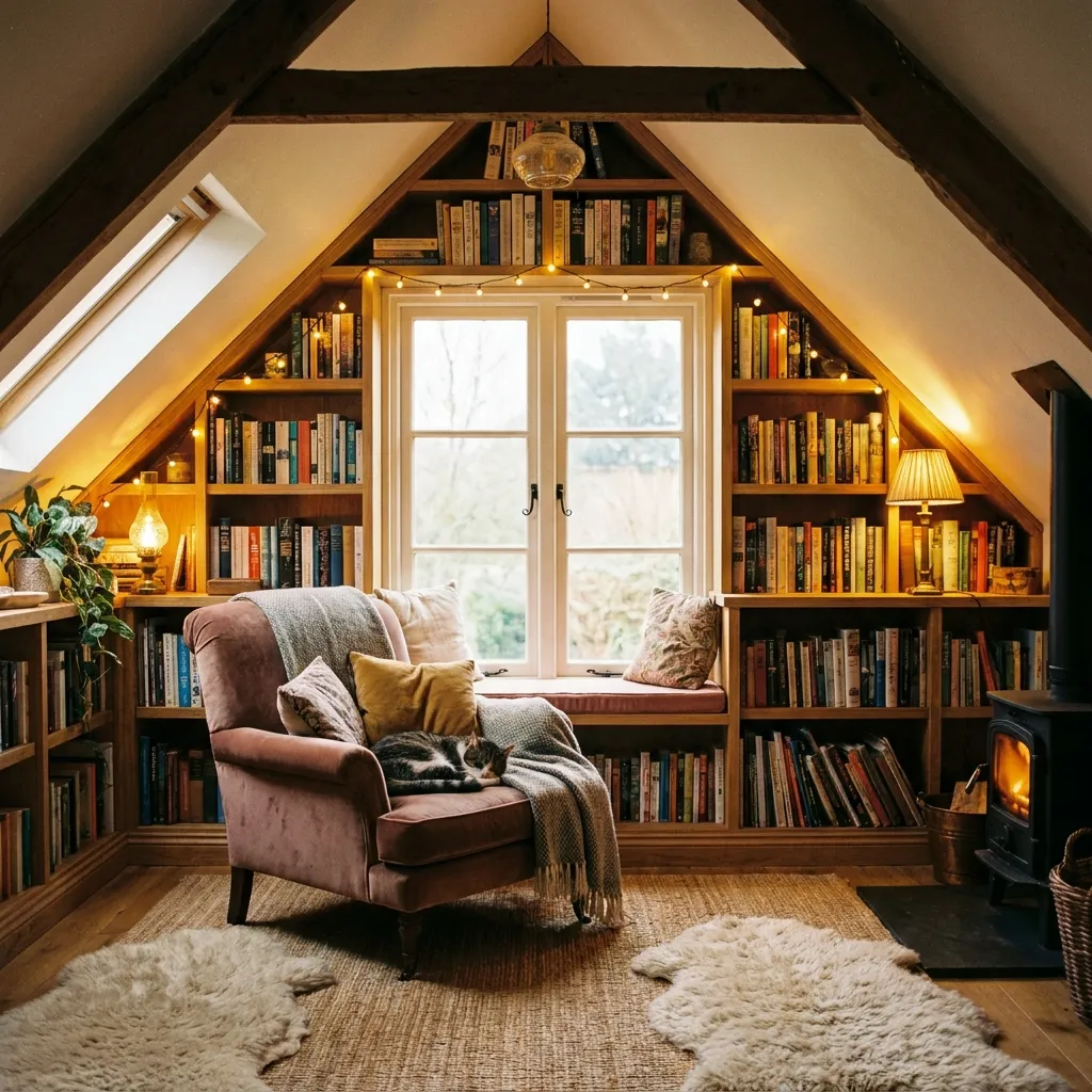 Beautifully finished attic space converted into a cozy reading nook with bookshelves and warm lighting
