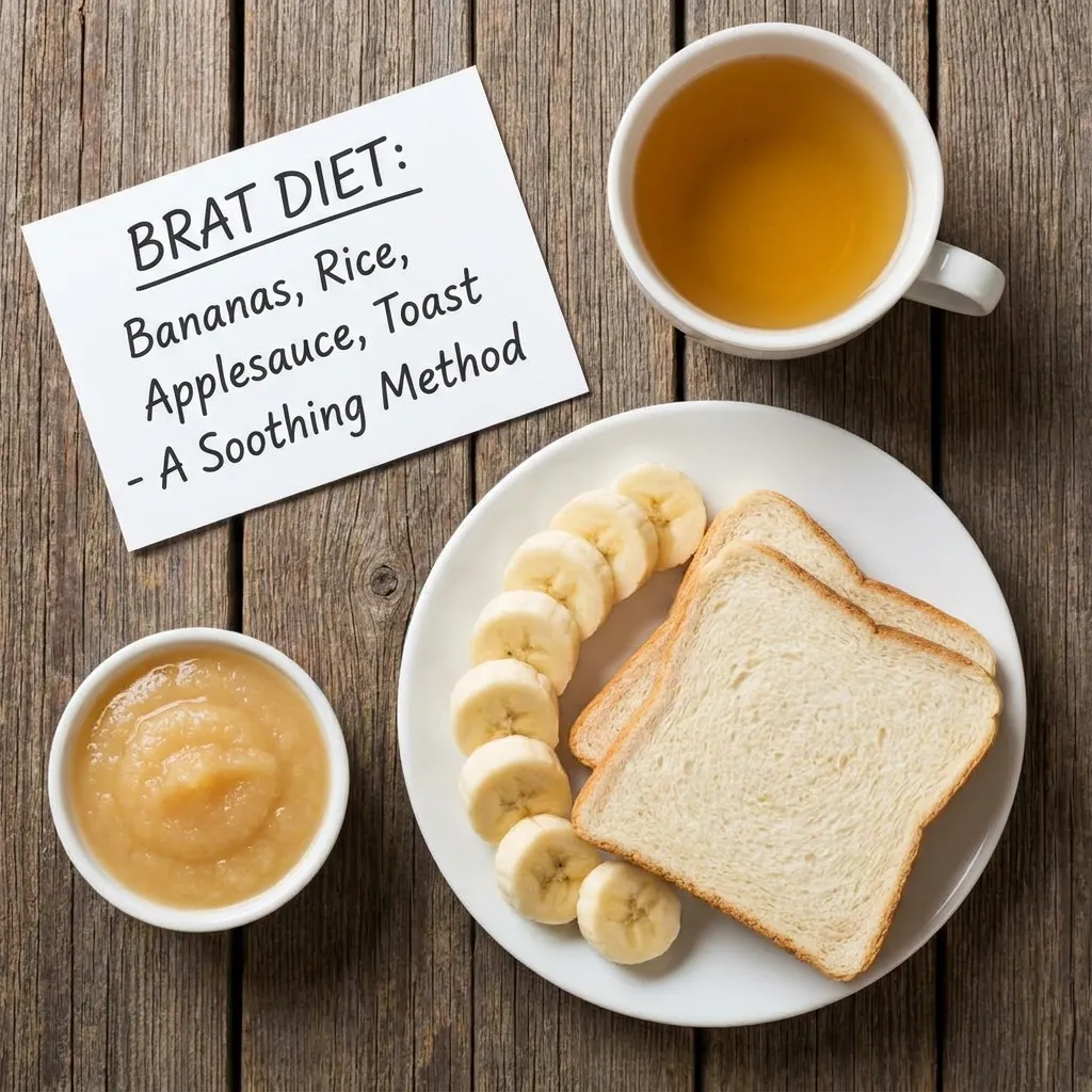 Flat lay of the BRAT diet for soothing an upset stomach featuring sliced bananas, white toast, applesauce, and herbal tea on a rustic wooden table.