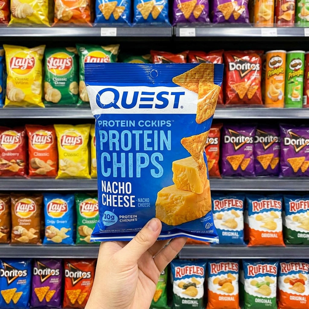 A bag of Quest protein chips held up against a backdrop of various chip flavors