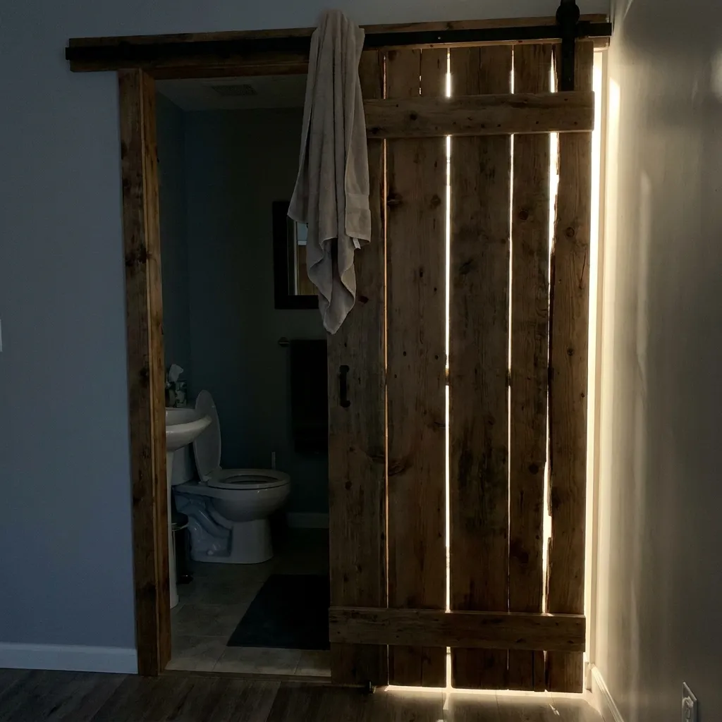 Rustic reclaimed wood sliding barn door partially open, revealing a dimly lit bathroom with a white pedestal sink and toilet.