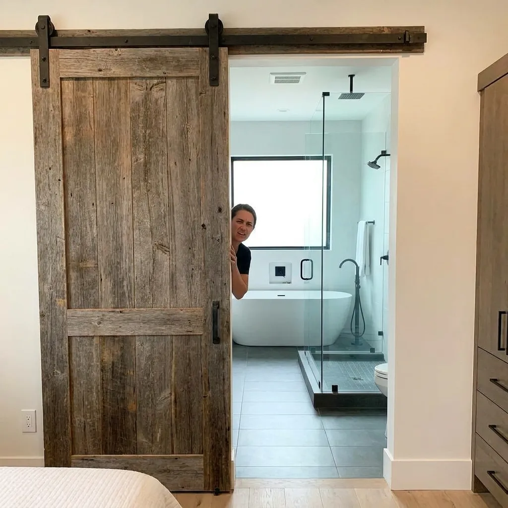 A heavy, rustic sliding barn door attached to a modern master bathroom, showcasing an impractical modern home design trend people hate due to lack of privacy