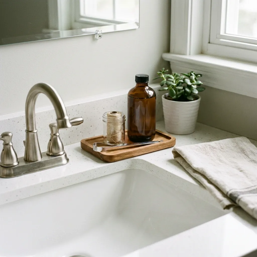 A clean bathroom sink with a metal tongue scraper, floss, and mouthwash arranged neatly