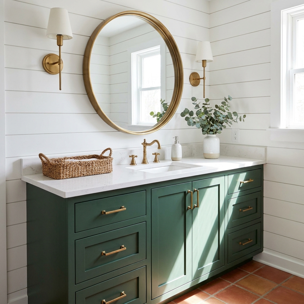Bathroom vanity area featuring white shiplap walls, a round mirror, and green cabinetry