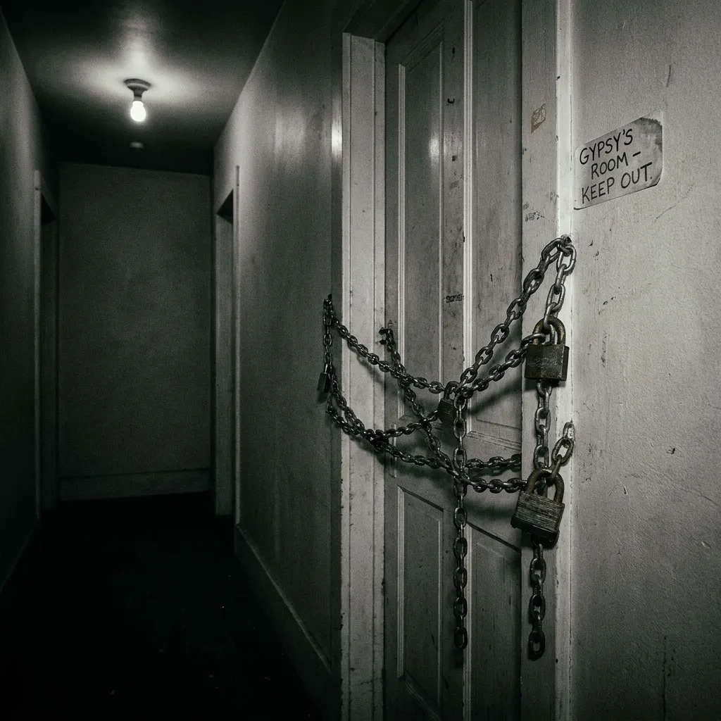 A dimly lit, dark hallway featuring a weathered white door heavily secured with metal chains and multiple padlocks, next to a handwritten paper sign that reads "GYPSY'S ROOM - KEEP OUT".