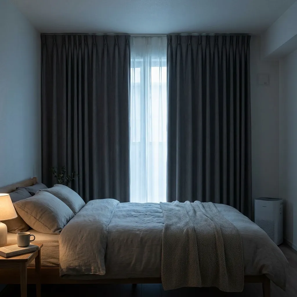 A dimly lit bedroom featuring a neatly made bed with light grey linens, a glowing warm bedside lamp next to a mug, and floor-to-ceiling dark grey pleated curtains drawn across a window.