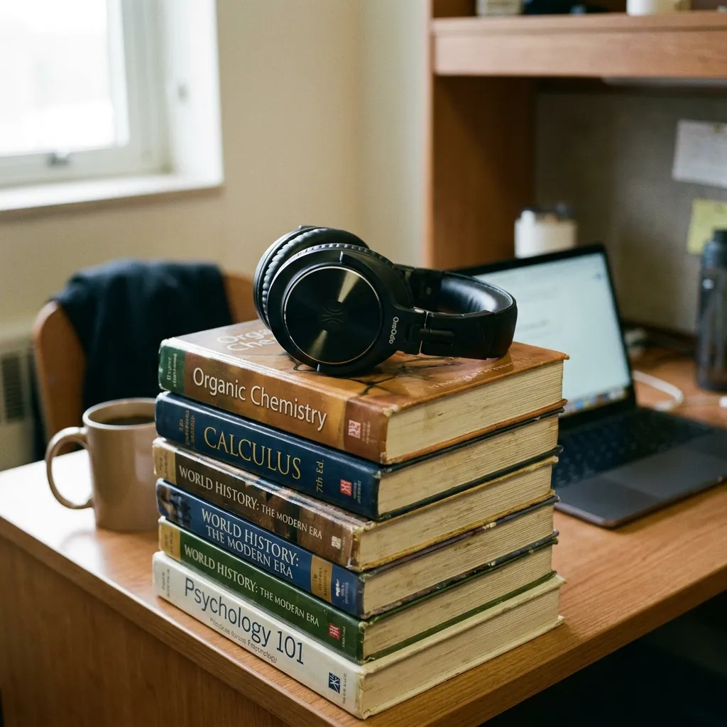 Black OneOdio Focus A6 noise-canceling headphones folded neatly on top of a stack of college textbooks
