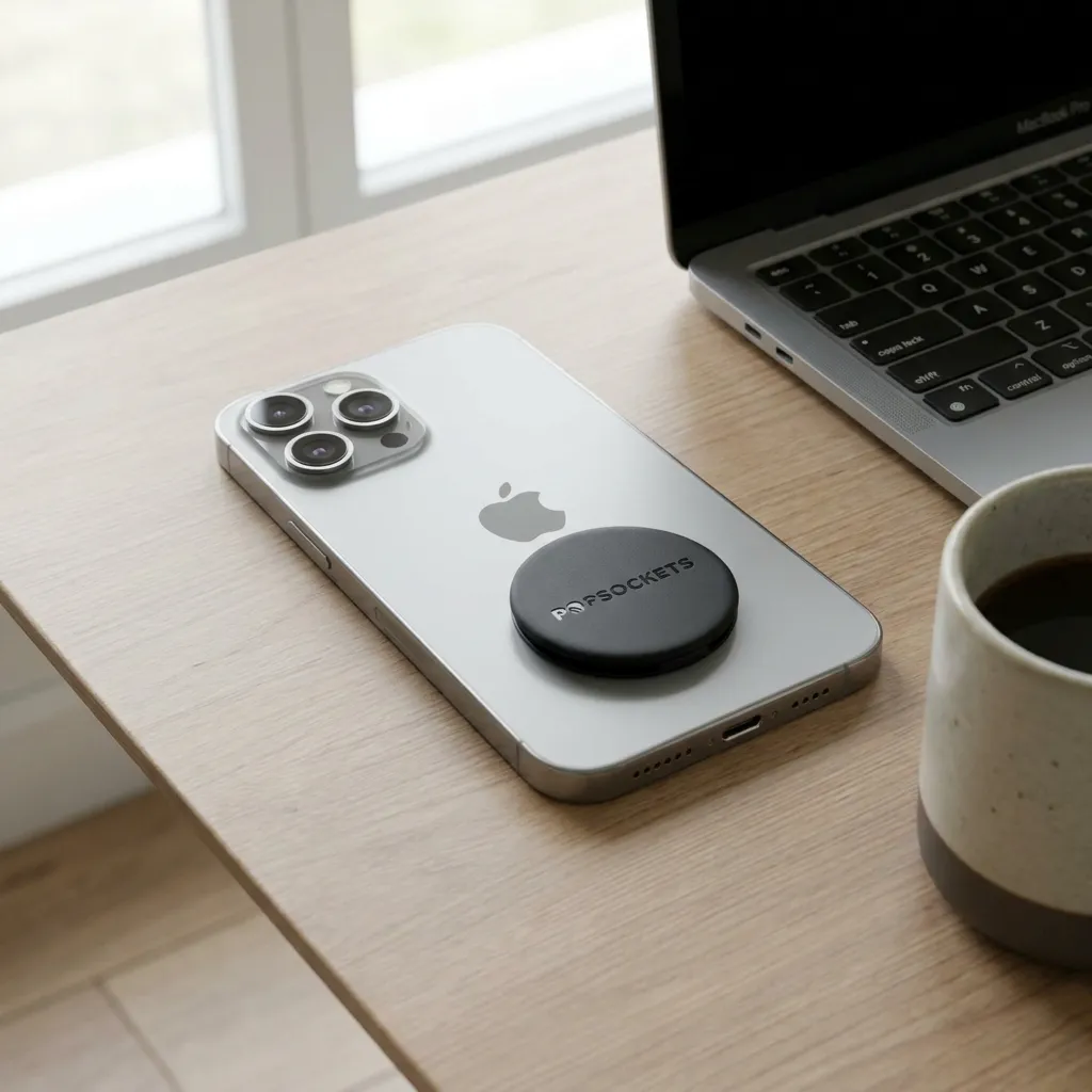Black PopSockets Low-Pro MagSafe grip attached to the back of a sleek silver iPhone.