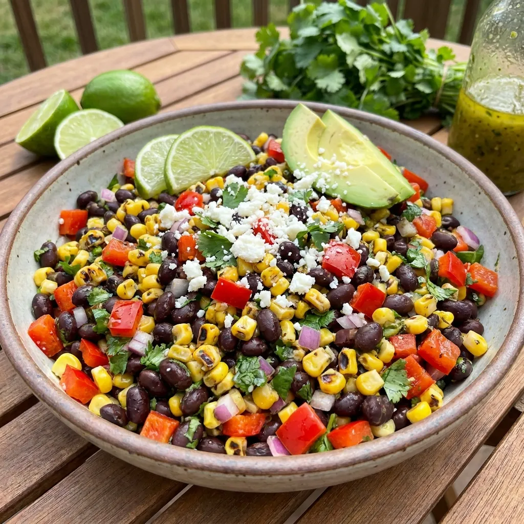 A zesty black bean, corn, and red pepper salad tossed in a tangy lime cilantro vinaigrette.