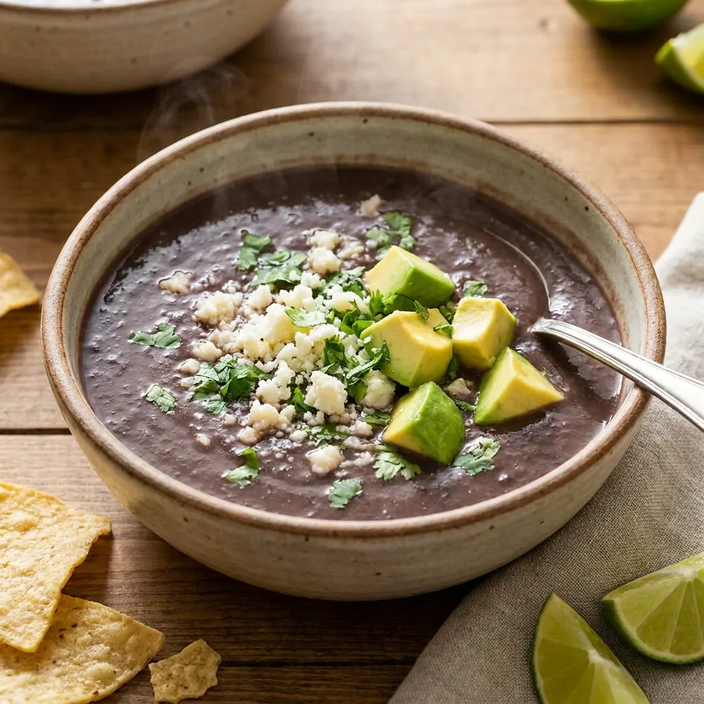 A comforting bowl of smooth black bean soup topped with crumbled cheese, fresh cilantro, and avocado chunks.