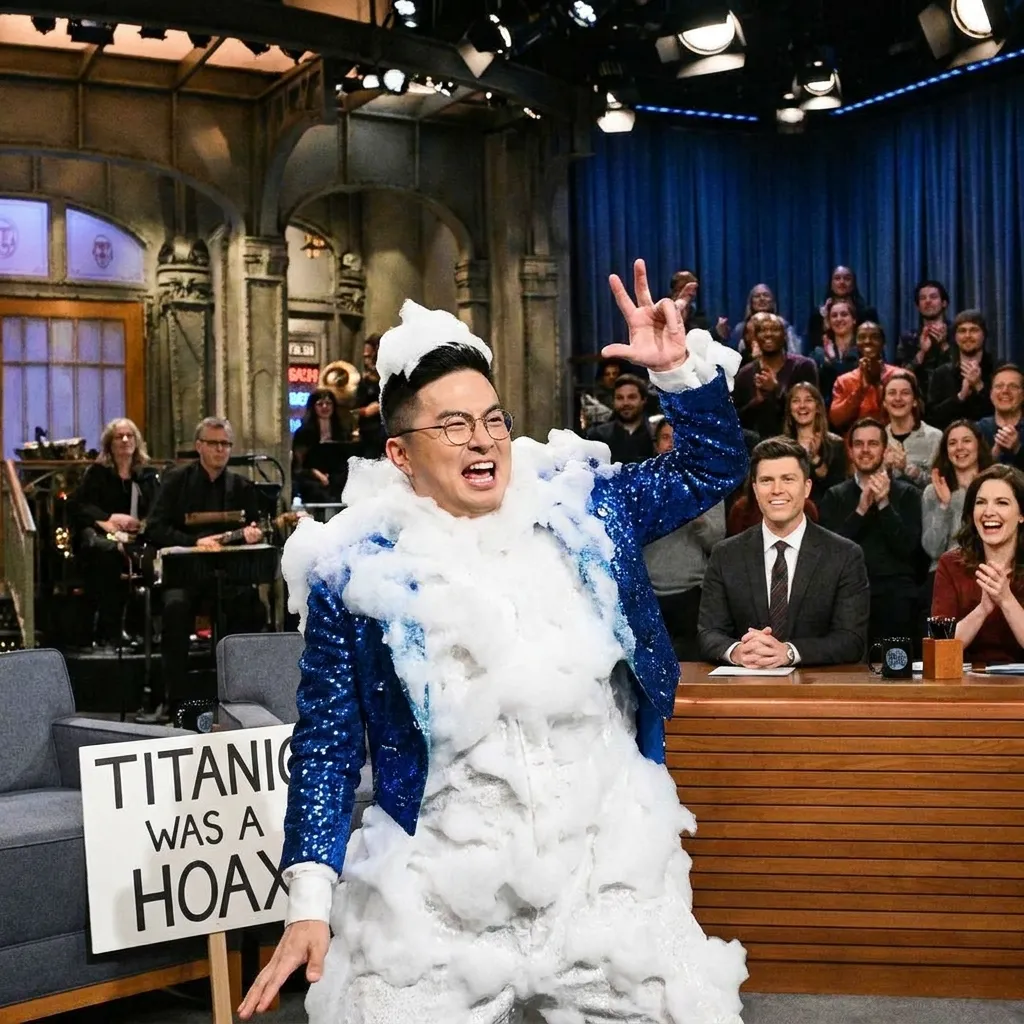 Comedian Bowen Yang performing as the iceberg on Saturday Night Live's Weekend Update, wearing a blue sequin jacket and fake snow next to a Titanic Was a Hoax sign