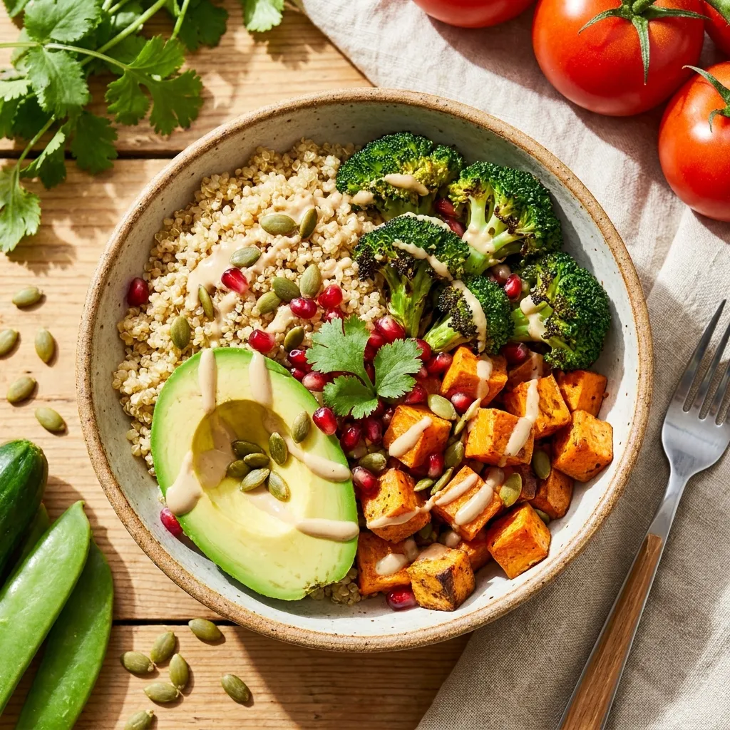 A vibrant bowl of quinoa topped with roasted sweet potatoes, broccoli, and sliced avocado, perfectly representing fresh and easy high-fiber meals.