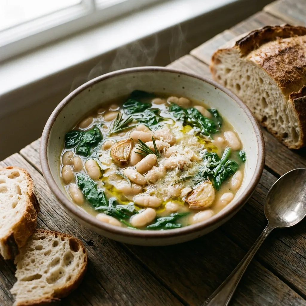 A rustic bowl of white bean and spinach soup sitting in a savory rosemary and garlic broth.