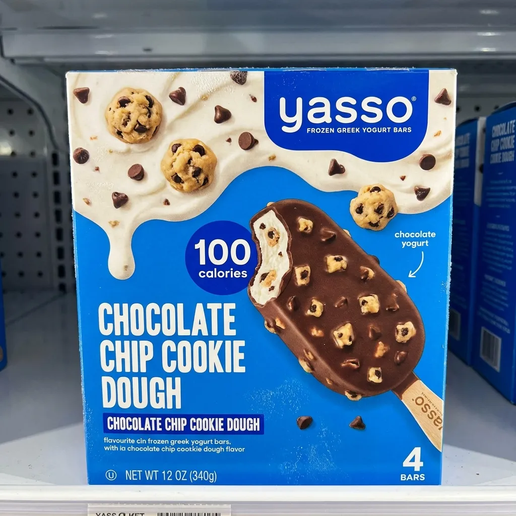 A box of Yasso frozen Greek yogurt bars in chocolate chip cookie dough flavor