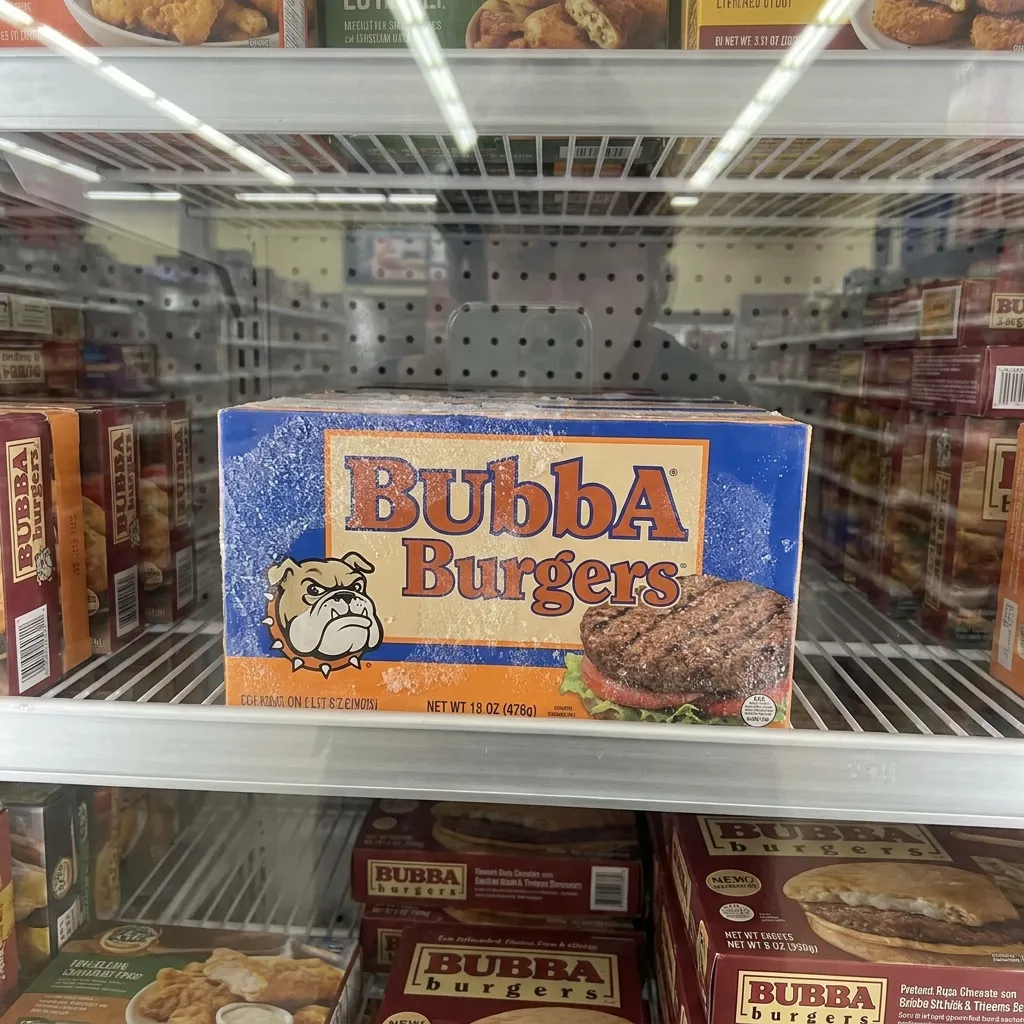 A box of frozen Bubba Burgers sitting inside a grocery store freezer