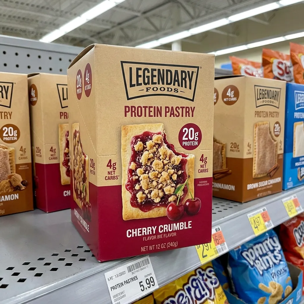 A box of Legendary Foods Cherry Crumble protein pastries sitting on a store shelf