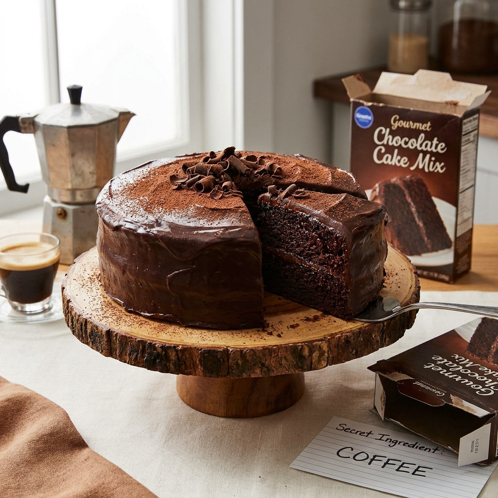 A rich, frosted chocolate cake with a slice missing on a wooden cake stand, surrounded by a box of chocolate cake mix, espresso, and a note that reads "Secret Ingredient: COFFEE".