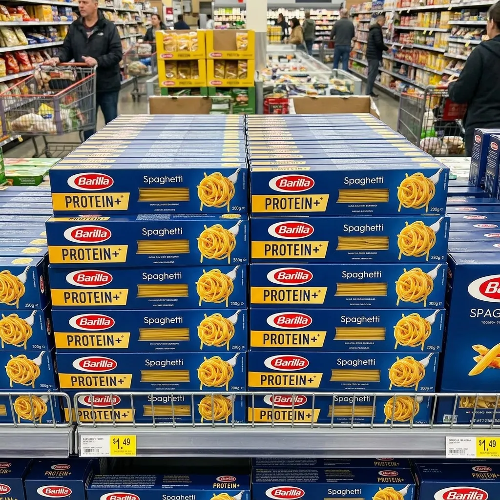 Boxes of Barilla Protein+ Spaghetti stacked on a supermarket shelf