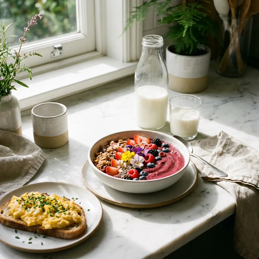 Aesthetically pleasing breakfast spread on a white marble counter featuring a berry smoothie bowl topped with edible flowers and scrambled eggs on toast.