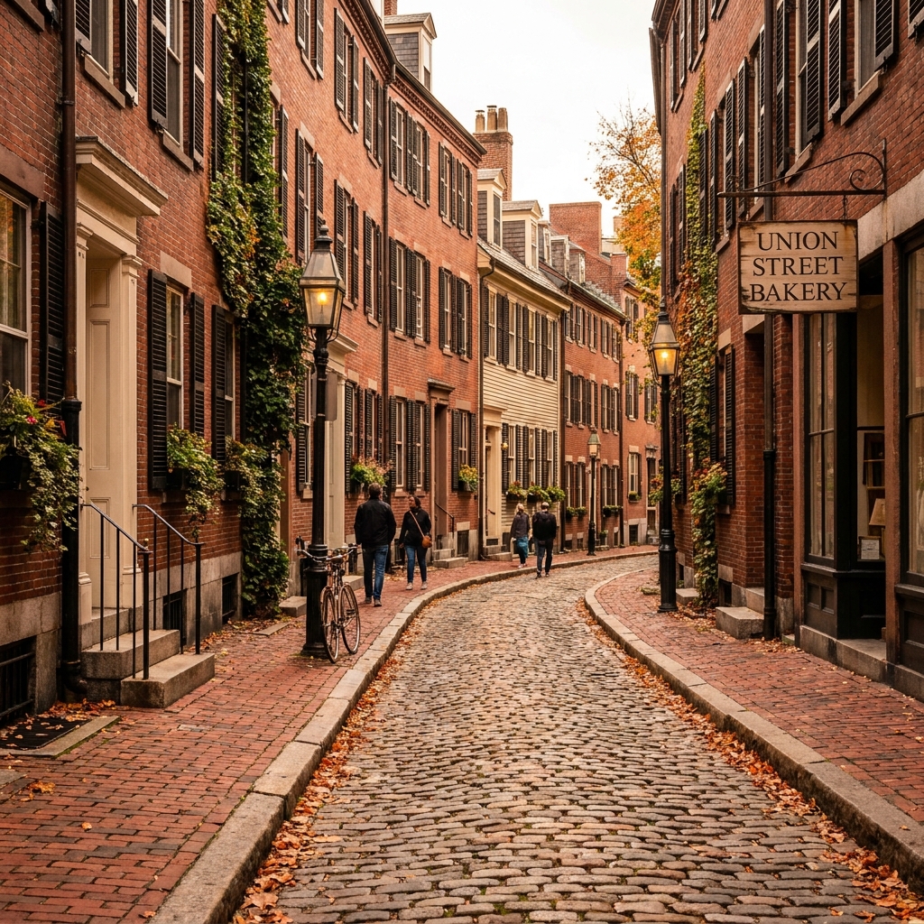 A historic brick and cobblestone street in Boston featuring classic American neighborhood charm