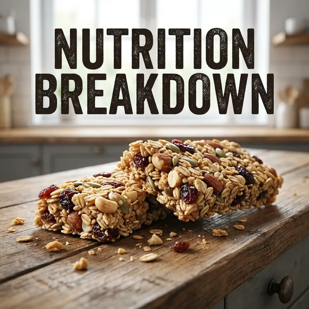 Two thick rustic granola bars with whole oats, seeds, and dried cranberries on a wooden kitchen counter beneath the text Nutrition Breakdown