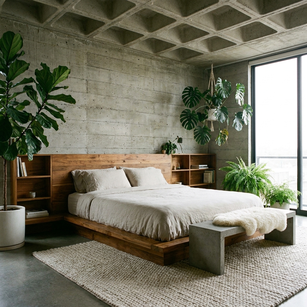 Modern brutalist bedroom with raw exposed concrete walls, warm wood accents, and lush green plants