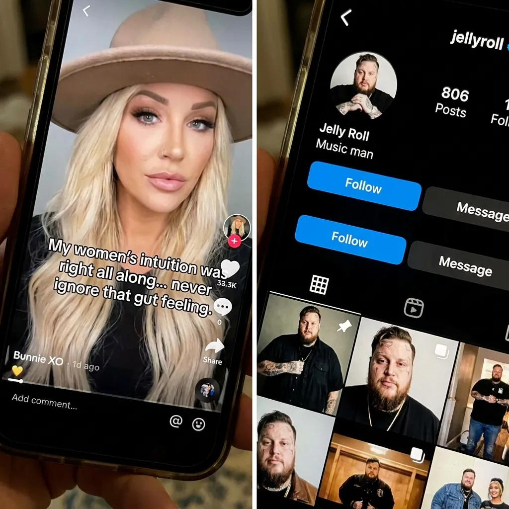 Two side-by-side smartphones held up to the camera. The left screen shows a TikTok video of Bunnie XO wearing a tan hat with the text "My women's intuition was right all along... never ignore that gut feeling." The right screen shows Jelly Roll's Instagram profile and photo grid.