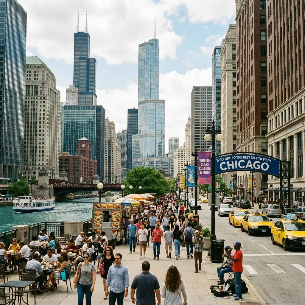 A bustling street view of a vibrant American city showcasing why it is one of the best US cities to visit