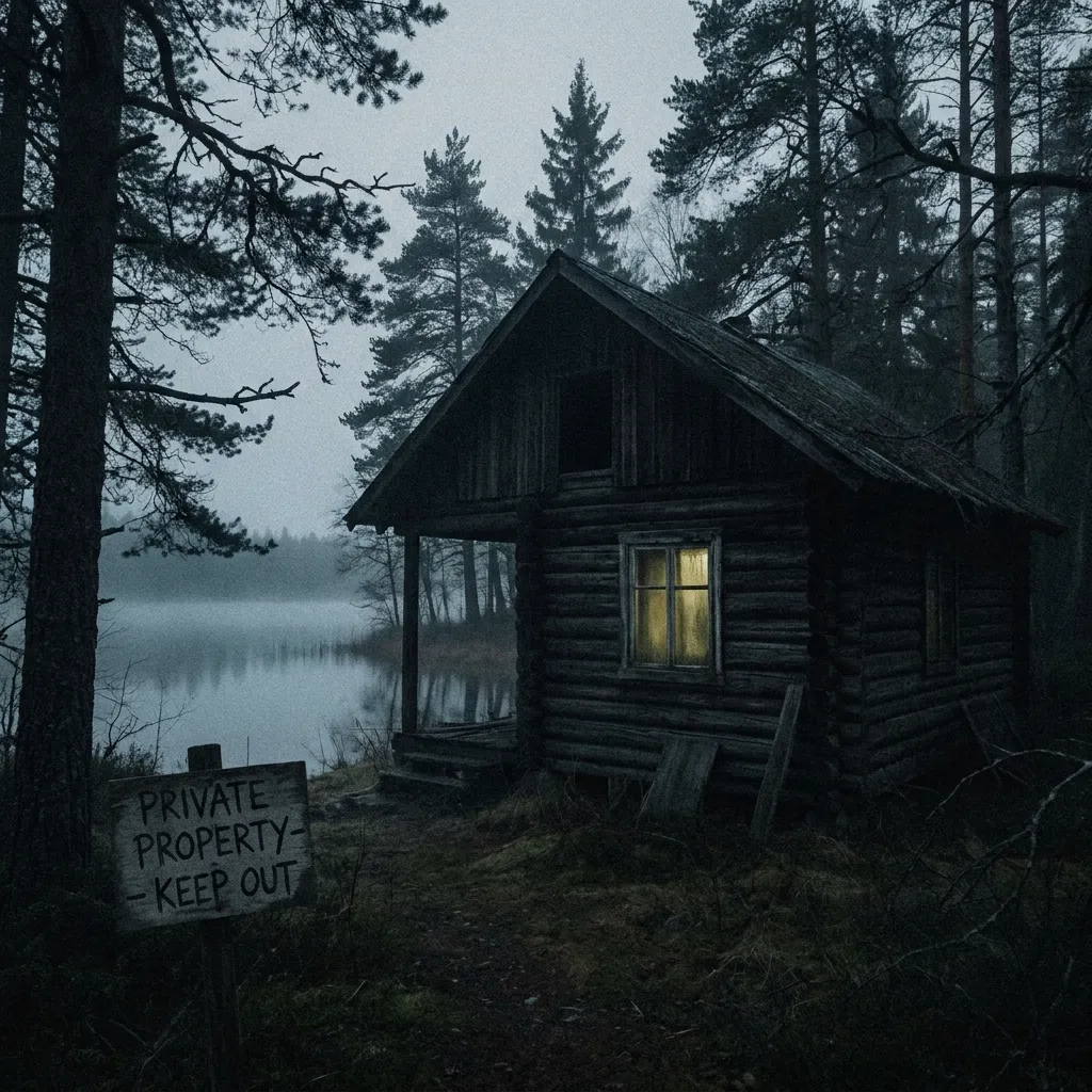 Moody rustic wooden cabin with a glowing lit window by a misty lake surrounded by dark pine trees and a Private Property Keep Out sign