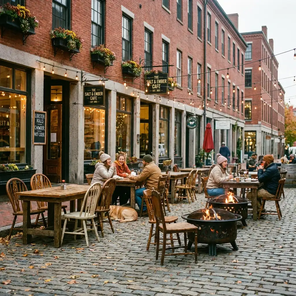 Warm and inviting outdoor cafe setting on a historic cobblestone street in Portland Maine
