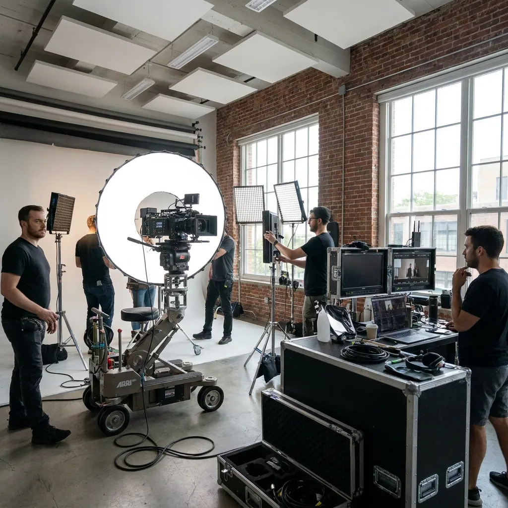 Professional camera, ring lights, and video equipment set up in a modern, brightly lit production studio